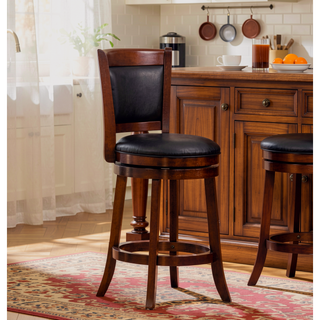 Sunvega Dark Cherry Finish Swivel Bar Chair with Black Faux Leather Upholstery
