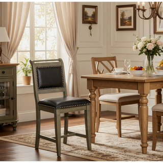Sunvega Antique White Finish Black Leather Seat Farmhouse Counter Stool
