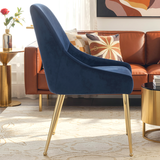 Sunvega Dark Ink Blue and Gold Wingback Dining Chair with Plush Cushions and Metal Legs