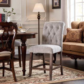 Sunvega Set of 2 Beige Chenille Upholstered Counter Height Chairs with Rustic Oak Legs