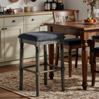 Sunvega Set of 2 Grey Washed Wood Bar Stools with Upholstered Seat and Nailhead Trim