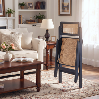 Sunvega Modern Industry Chic Cane Folding Dining Chair Set of 2 in Black and Natural