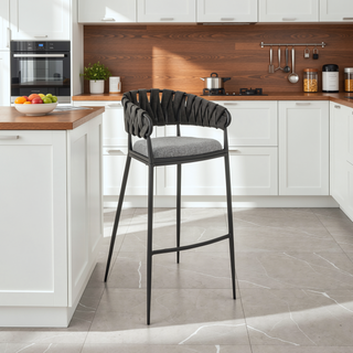 Sunvega Black Metal Bar Stool with Gray Faux Leather Accented Back and Fabric Seat