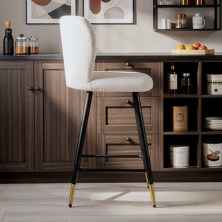 Sunvega Modern Barstool with White Fabric Seat and Black Gold-Tipped Metal Legs