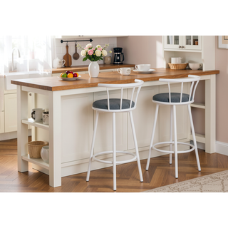 Sunvega Set of 2 Swivel Barstools with Grey Fabric Seats and White Metal Frame