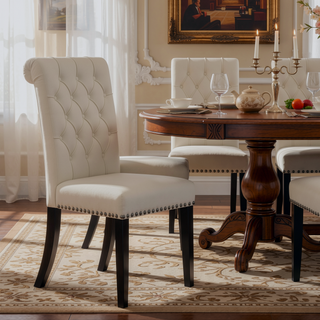 Sunvega Sand and Rustic Espresso Tufted Side Chairs with Rolled Backrest and Padded Seat