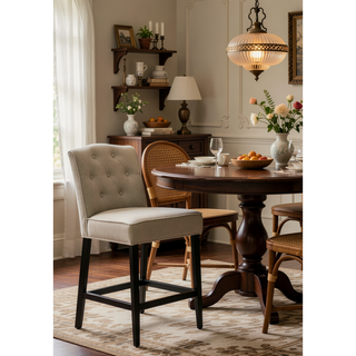 Sunvega Set of 2 Beige Upholstered Counter Height Chairs with Black Rubberwood Legs
