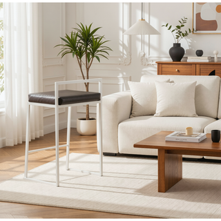 Sunvega Contemporary Stackable Counter Stool with White Frame and Brown Faux Leather Cushion