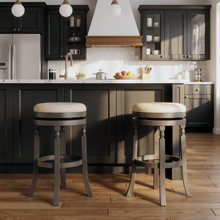 Sunvega 30 Inch Bar Stool with Weathered Gray Finish and Beige Fabric Seat