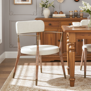 Sunvega Contemporary Whitewashed Wood and Cream Fabric Dining Chairs with Copper Accents