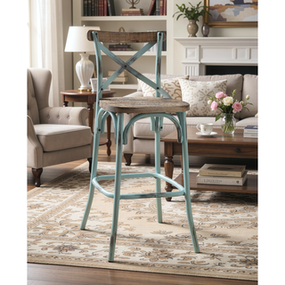 Sunvega Antique Oak Finish Armless Bar Chair with High Backrest and Splayed Metal Legs