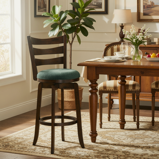 Sunvega Dark Brown Wood Swivel Bar Chair with Slat Back and Padded Seat