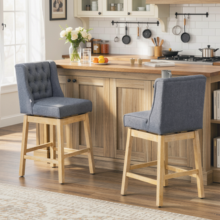 Sunvega Set of Two Swivel Bar Stools with Button Tufted Backs and Footrests