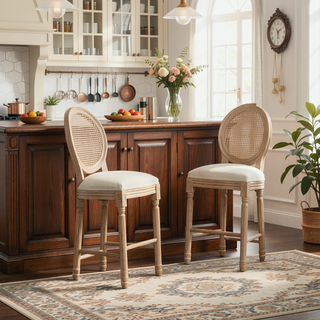 Sunvega French Style Solid Wood Frame Linen Fabric Oval Back Dining Chairs Set of 2