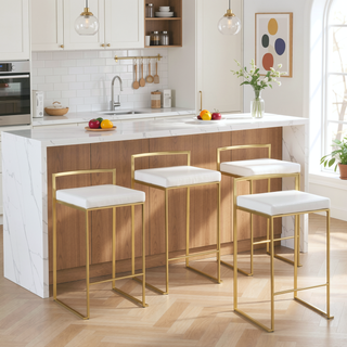 Sunvega Gold Metal and White Faux Leather Upholstered Stackable Counter Stool Set of 3
