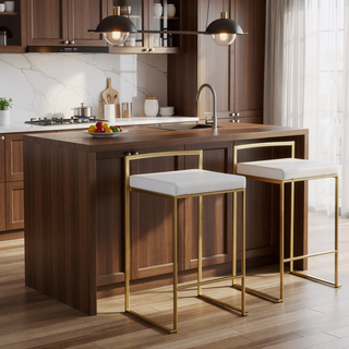 Sunvega Gold and White Faux Leather Upholstered Stackable Counter Stool Set