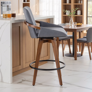 Sunvega Mid-Century Modern Walnut Finish Counter Stool with Faux Leather Seat