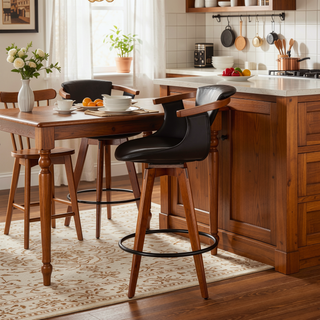 Sunvega Mid-Century Modern Counter Stool with Walnut Wood Accents and Faux Leather