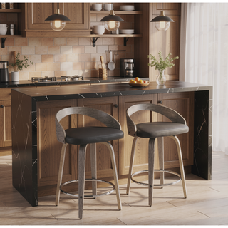 Sunvega Mid-Century Modern Counter Stool with Light Grey Wood and Black Faux Leather