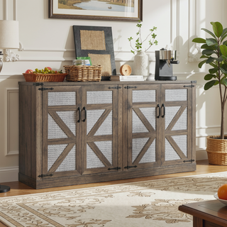 Sunvega 65-Inch Rustic Oak Faux Rattan Sideboard with Four Barn Doors for Living Room