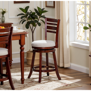 Sunvega Cherry Finish Beige Fabric Slat Back Swivel Stool for Counter Height