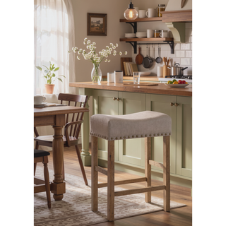 Sunvega Tan Linen & Weathered Oak Finish Counter Height Armless Stool Set of 2