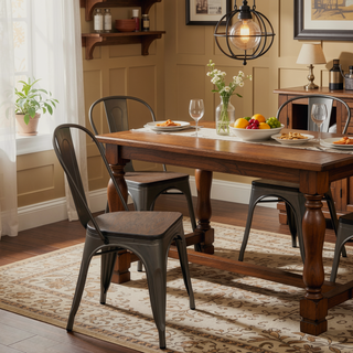 Sunvega Industrial Farmhouse Stackable Dining Chairs with Bamboo Seat Set of 2