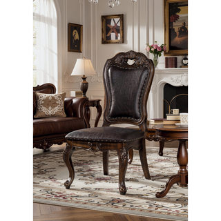 Sunvega Traditional Walnut Solid Wood Dining Chairs with Dark Brown Leatherette Seats