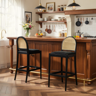 Sunvega Natural Oak and Cane Rattan Counter Stools with Black Boucle Upholstery