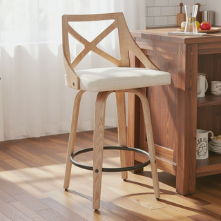 Sunvega Farmhouse Counter Stool with Cream Fabric and White Washed Wood for Dining