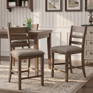 Sunvega Farmhouse Upholstered Rubberwood Counter Stools with Ladder Back Set of 2