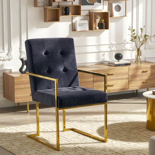 Sunvega Modern Linen Dining Arm Chair with Tufted Design and Gold Metal Base