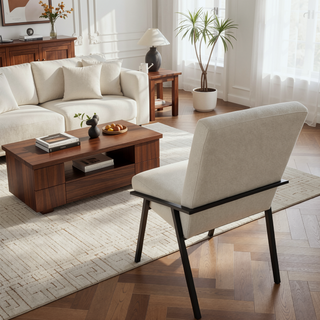 Sunvega Black Powder Coated Metal Base Cream Textured Fabric Upholstered Side Chairs Set of 2