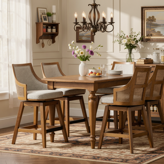 Sunvega Handcrafted Taupe Beige Cane Rattan Swivel Counter Stool with Recessed Arms
