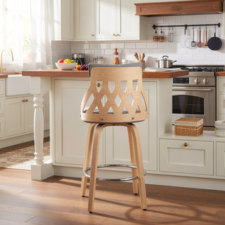 Sunvega Mid-Century Modern Natural Wood Lattice Back Counter Stool with Grey Fabric