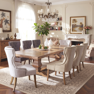 Sunvega Tufted Dining Chair with Nailhead Trim and Brown Legs in Beige