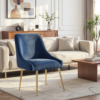 Sunvega Dark Ink Blue and Gold Wingback Dining Chair with Plush Cushions and Metal Legs