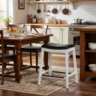 Sunvega Natural Finish Saddle Leather Seat Counter Stool with Footrest and Nail Head Trim