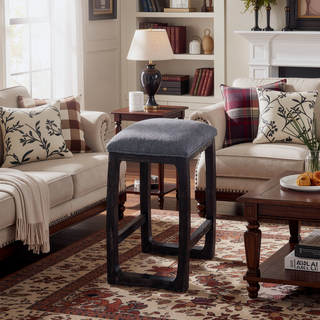 Sunvega Weathered Espresso Backless Counter Stool with Grey Fabric Seat Cushion