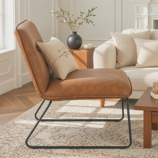 Sunvega Industrial Black Metal and Camel Faux Leather Accent Chair with Tufted Backrest