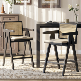 Sunvega Cream Grey Woven Cane Plastic Backrest Bar Stool with Foam-Padded Fabric Seat