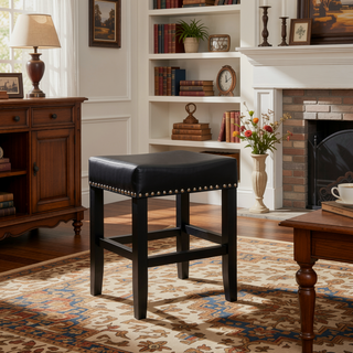 Sunvega Brown Bonded Leather Saddle Seat Backless Counter Stools Set of 2