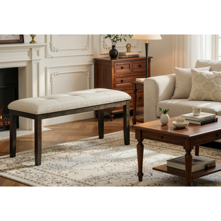 Sunvega 44" Rectangular Upholstered Bench with Cream Fabric and Grey Solid Wood Frame