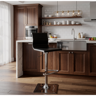 Sunvega Adjustable Swivel Bar Stool in Black Faux Leather with Chrome Base