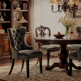 Sunvega Dark Gray Velvet Upholstered Dining Chairs with Tufted Back and Wood Legs