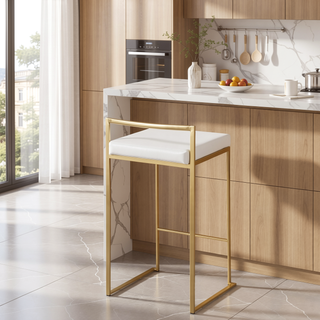 Sunvega Gold Metal and White Faux Leather Upholstered Stackable Counter Stool Set of 3