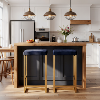 Sunvega Midas Gold Blue Velvet Contemporary Glam Counter Stool Set of 2