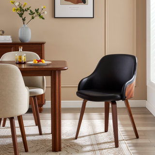 Sunvega Mid-Century Modern Dining Accent Chair with Walnut Wood Back and Faux Leather