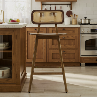 Sunvega Natural Wood Barstool Set with Rattan Backrest and Curved Seat