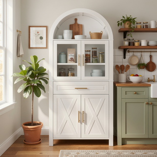 Sunvega Farmhouse Arched Glass Door Pantry Cabinet with Adjustable Shelves for Kitchen